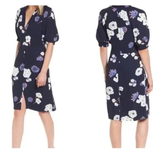 Lewit Navy Blue Floral short Dress Puff Half Sleeves Sheath Split Hem 10 viscose - Picture 1 of 11